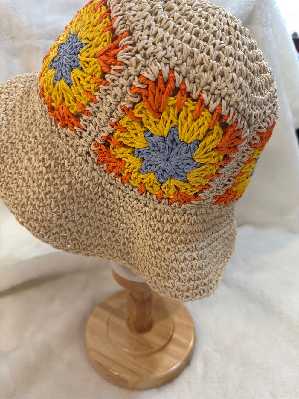 2 Chic Crochet Straw Sun Hat Boho Floral Granny Square Beach Hat Adjustable - Picture 4 of 9
